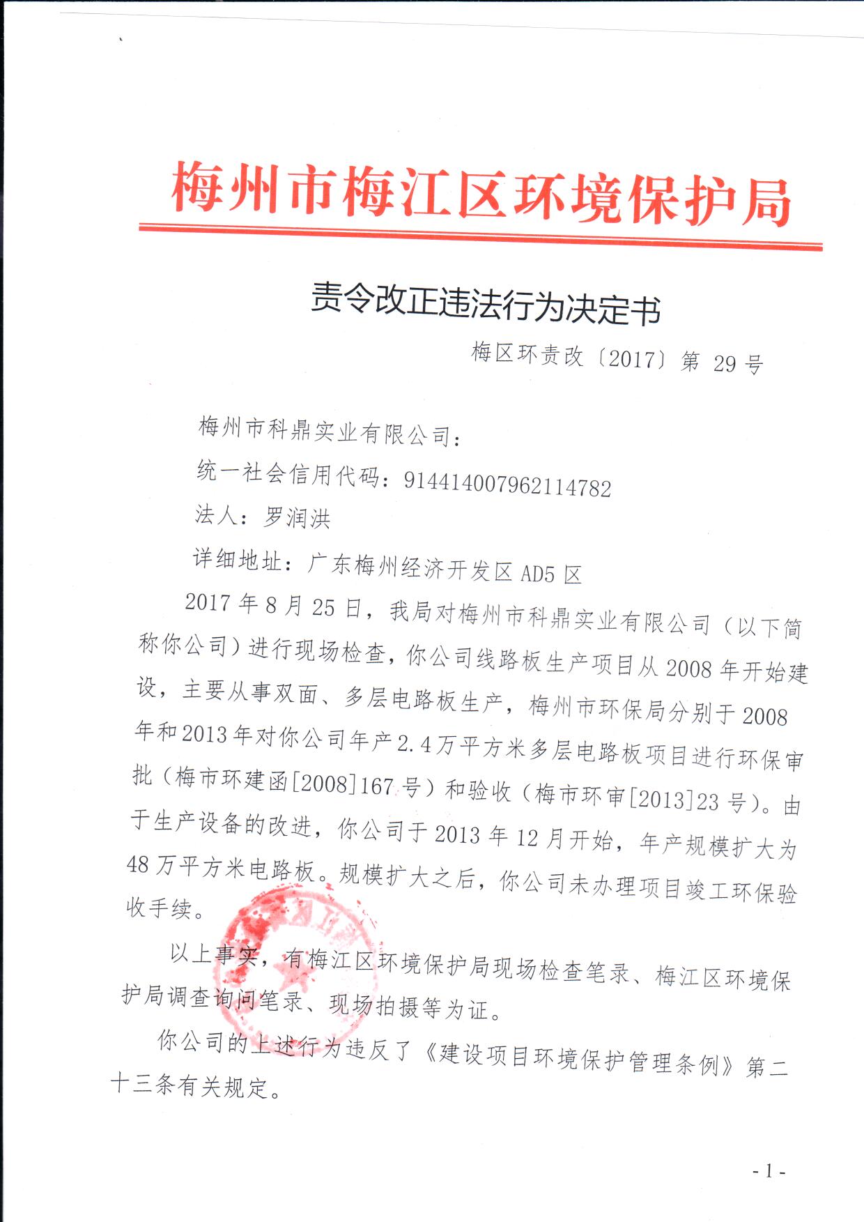 梅区环责改[2017]第29号梅州市科鼎实业有限公司1